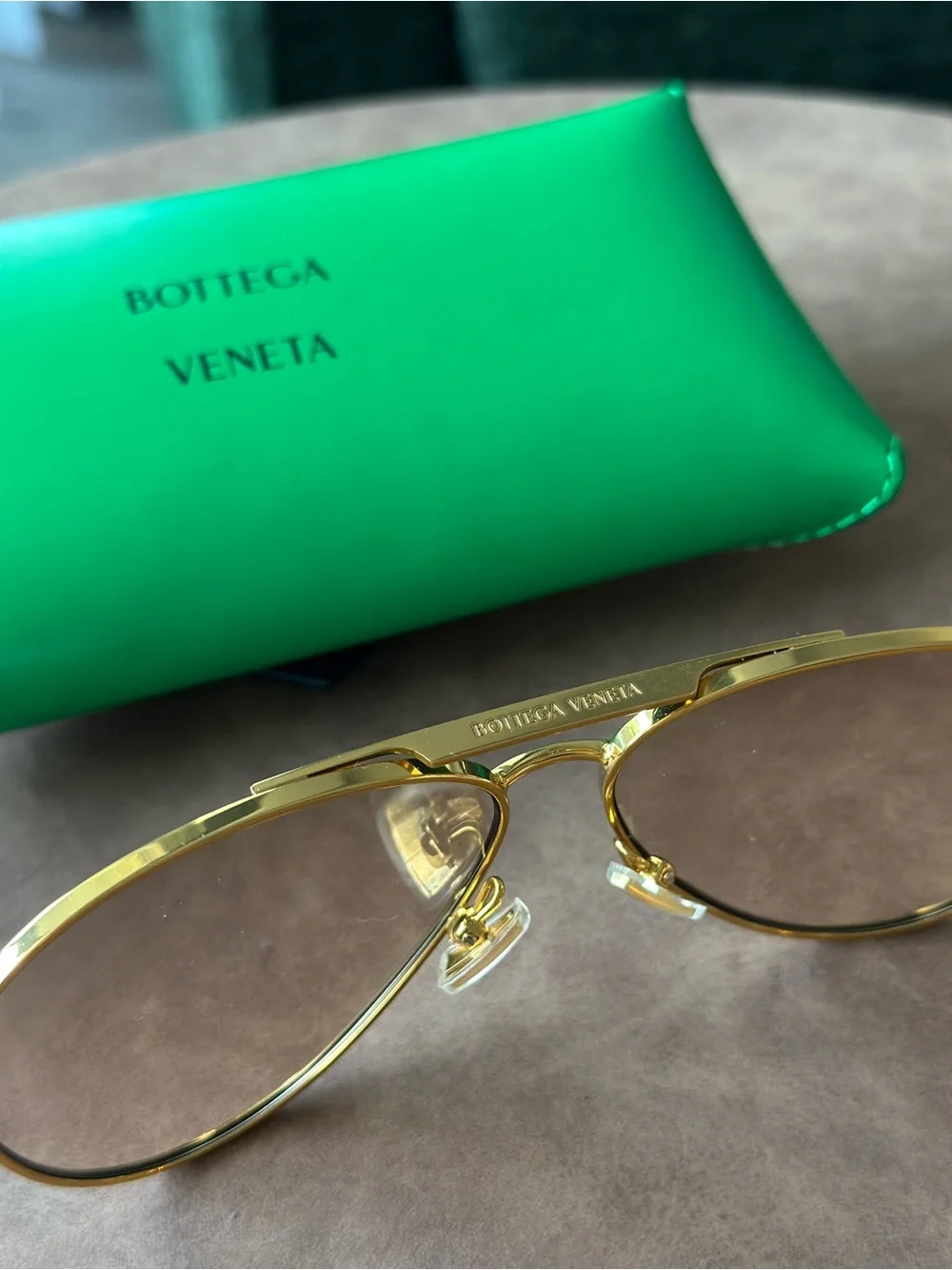 Bottega Veneta Gold Aviator Sunglasses with Green Case